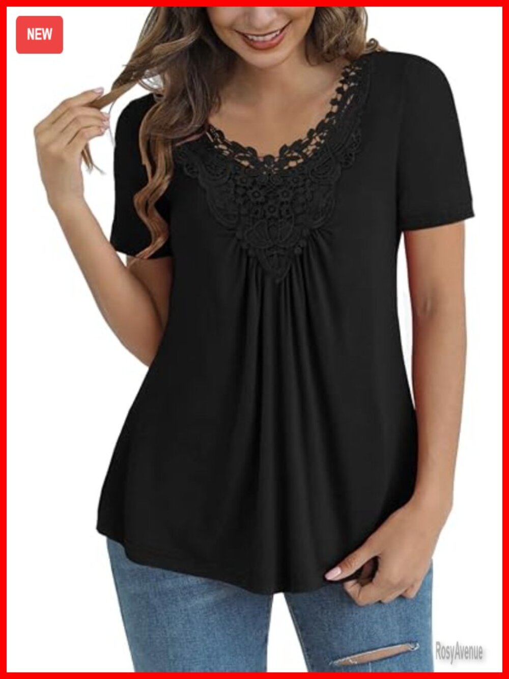 Plus Size Lace Tunic Top - Short Sleeve V-Neck Casual Blouse